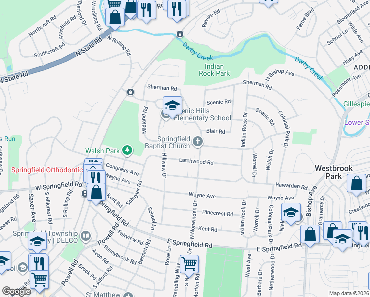 map of restaurants, bars, coffee shops, grocery stores, and more near 349 Valley View Road in Springfield