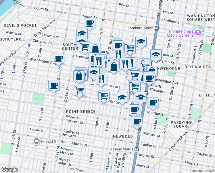 map of restaurants, bars, coffee shops, grocery stores, and more near 1732 Annin St in Philadelphia