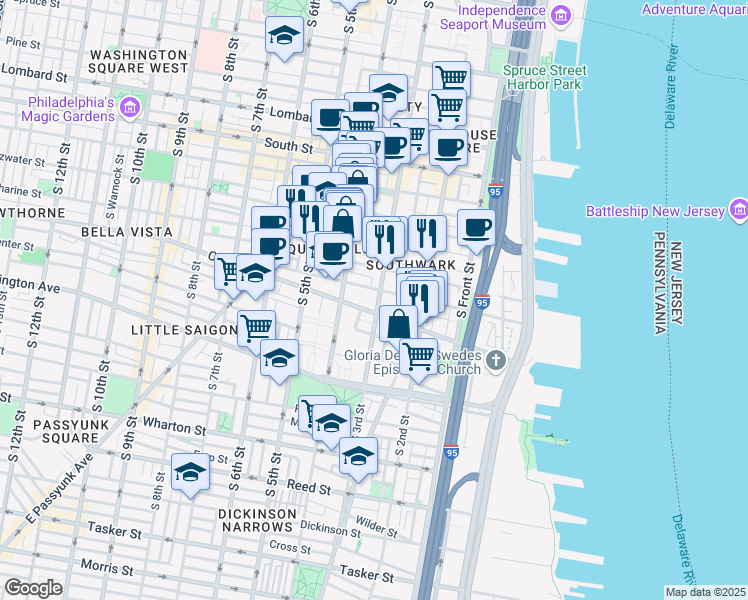 map of restaurants, bars, coffee shops, grocery stores, and more near 830 South 3rd Street in Philadelphia