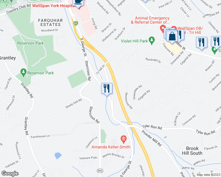 map of restaurants, bars, coffee shops, grocery stores, and more near 1455 South Duke Street in York