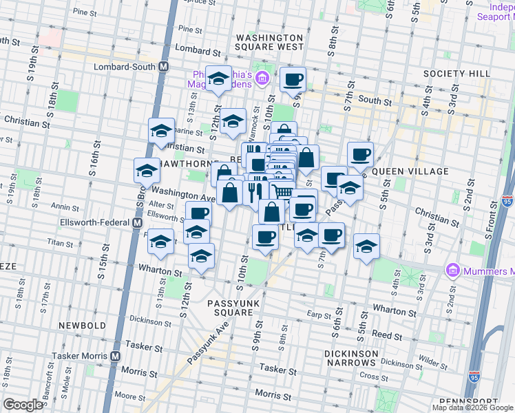 map of restaurants, bars, coffee shops, grocery stores, and more near 938 South 9th Street in Philadelphia