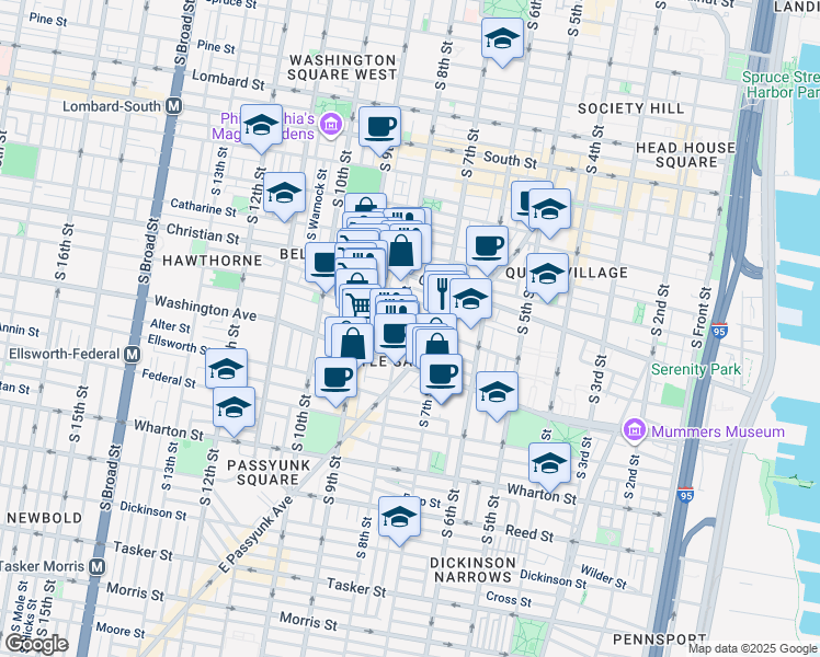 map of restaurants, bars, coffee shops, grocery stores, and more near 736 Carpenter Street in Philadelphia