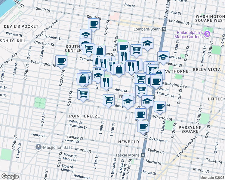 map of restaurants, bars, coffee shops, grocery stores, and more near 1732 Annin St in Philadelphia