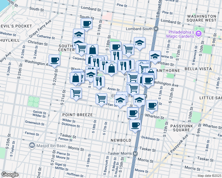 map of restaurants, bars, coffee shops, grocery stores, and more near 1705 Annin Street in Philadelphia