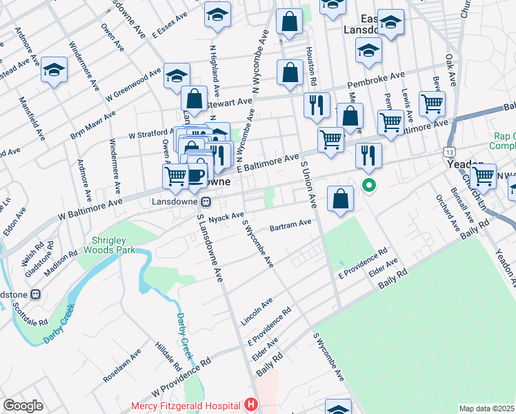 map of restaurants, bars, coffee shops, grocery stores, and more near 69 Nyack Avenue in Lansdowne