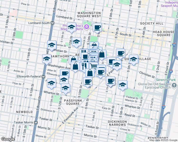 map of restaurants, bars, coffee shops, grocery stores, and more near 919 League Street in Philadelphia
