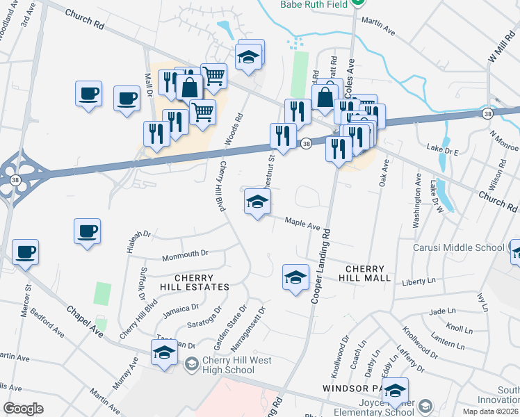 map of restaurants, bars, coffee shops, grocery stores, and more near 116 Chestnut Street in Cherry Hill