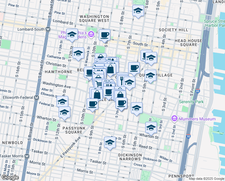 map of restaurants, bars, coffee shops, grocery stores, and more near 738 Carpenter Street in Philadelphia