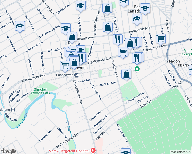 map of restaurants, bars, coffee shops, grocery stores, and more near 69 Nyack Avenue in Lansdowne