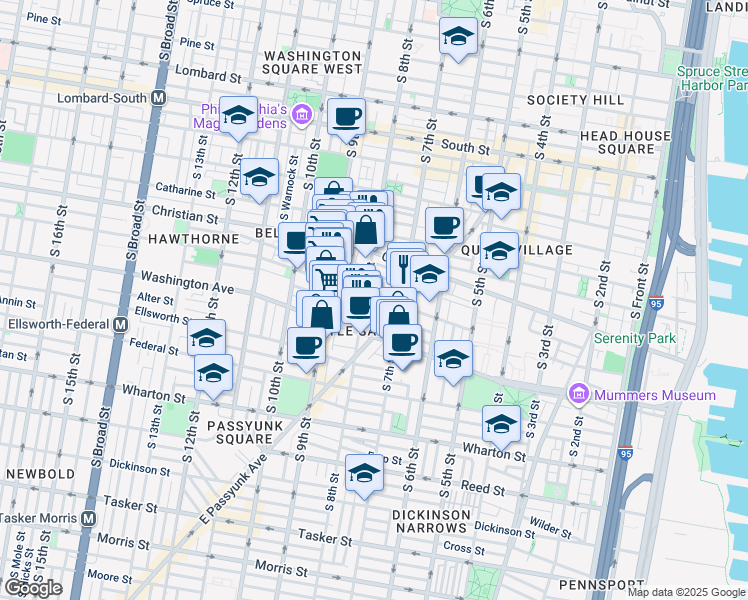map of restaurants, bars, coffee shops, grocery stores, and more near 736 Carpenter Street in Philadelphia