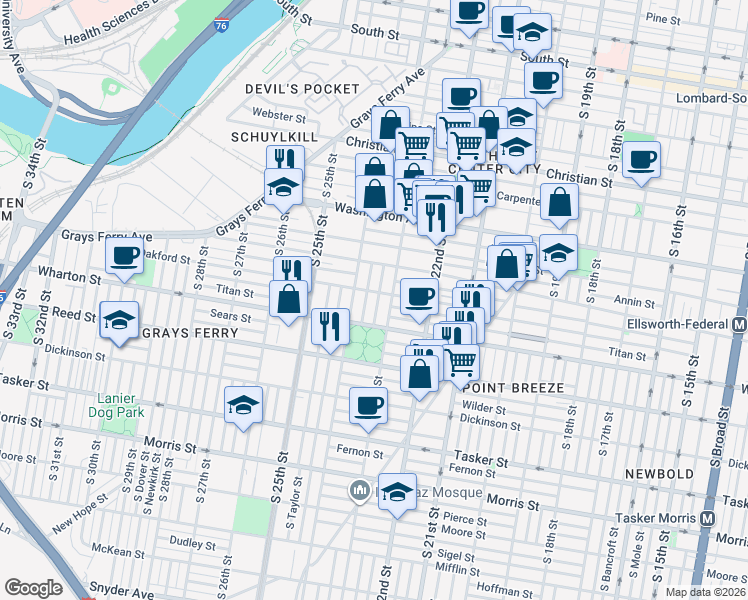 map of restaurants, bars, coffee shops, grocery stores, and more near 1233 South Bucknell Street in Philadelphia