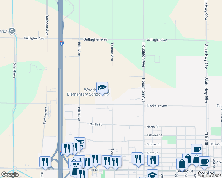 map of restaurants, bars, coffee shops, grocery stores, and more near Toomes Avenue in Corning