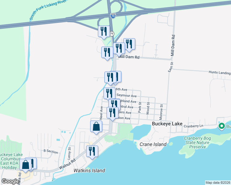map of restaurants, bars, coffee shops, grocery stores, and more near 43 6th Avenue in Buckeye Lake
