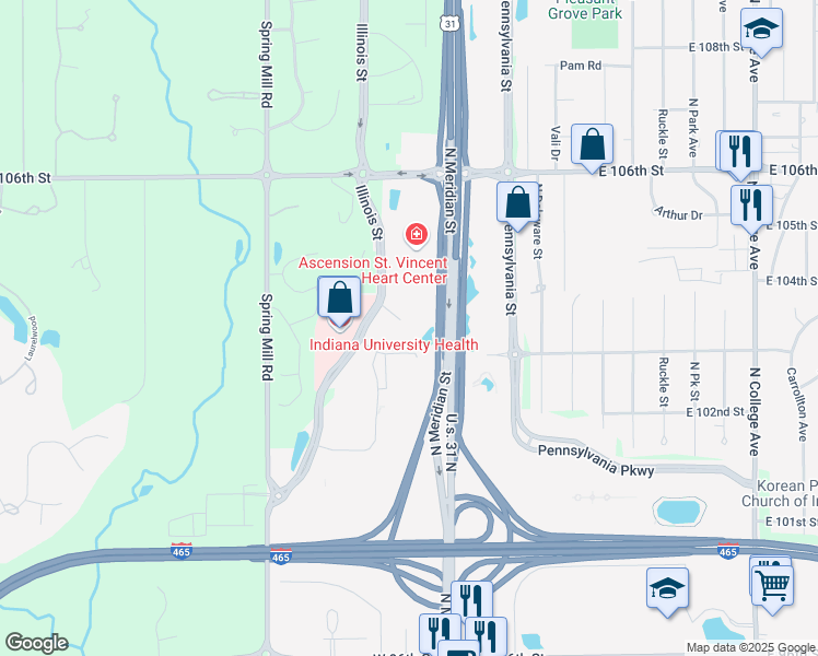 map of restaurants, bars, coffee shops, grocery stores, and more near 10330 North Meridian Street in Indianapolis