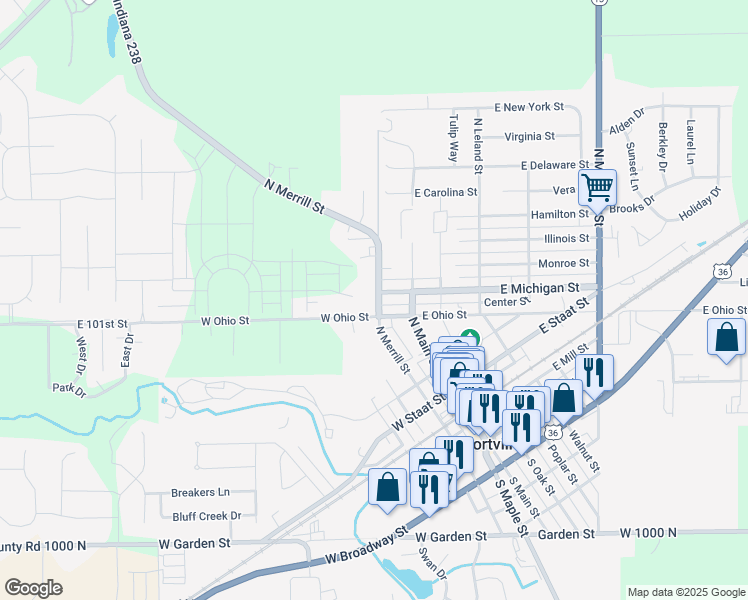 map of restaurants, bars, coffee shops, grocery stores, and more near 314 North Merrill Street in Fortville