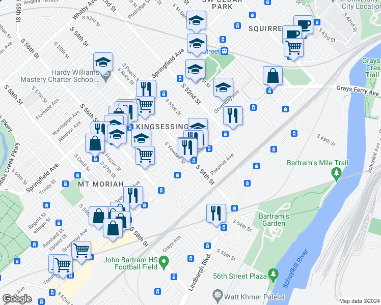 map of restaurants, bars, coffee shops, grocery stores, and more near 5350 Yocum Street in Philadelphia