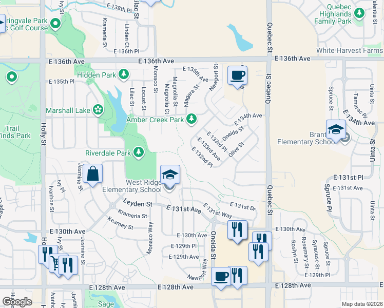 map of restaurants, bars, coffee shops, grocery stores, and more near 6820 East 132nd Place in Thornton