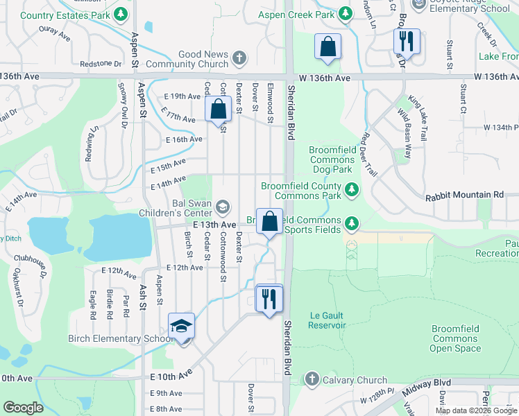 map of restaurants, bars, coffee shops, grocery stores, and more near 1352 Elmwood Street in Broomfield