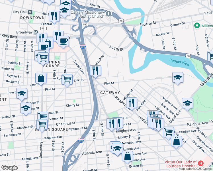map of restaurants, bars, coffee shops, grocery stores, and more near 1053 Pine Street in Camden