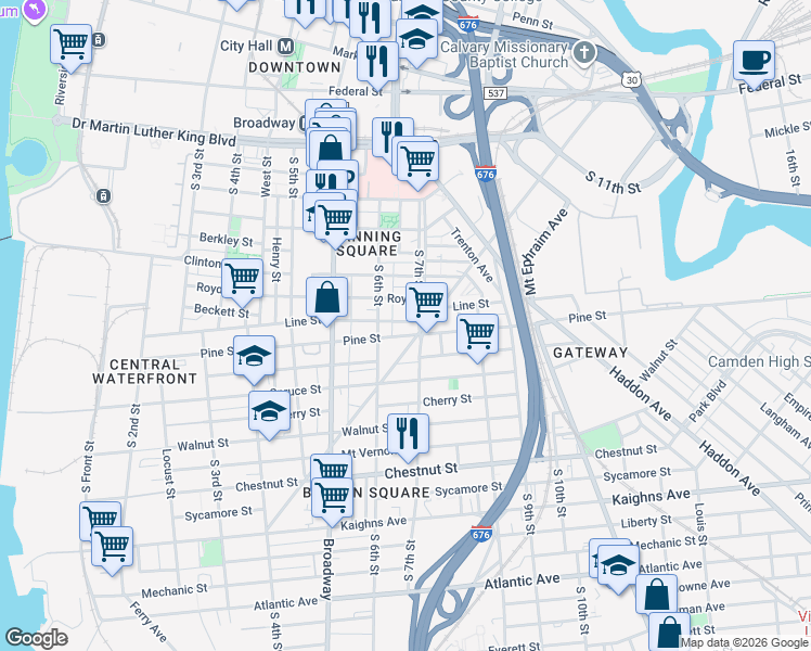 map of restaurants, bars, coffee shops, grocery stores, and more near 602 South 6th Street in Camden