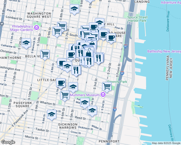 map of restaurants, bars, coffee shops, grocery stores, and more near 342 Queen Street in Philadelphia