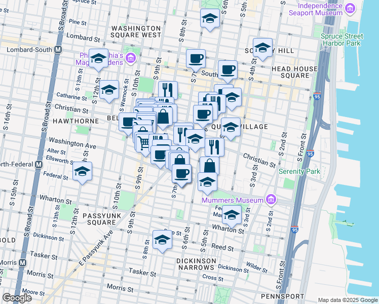 map of restaurants, bars, coffee shops, grocery stores, and more near in Philadelphia