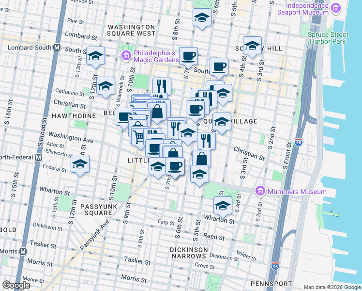 map of restaurants, bars, coffee shops, grocery stores, and more near in Philadelphia