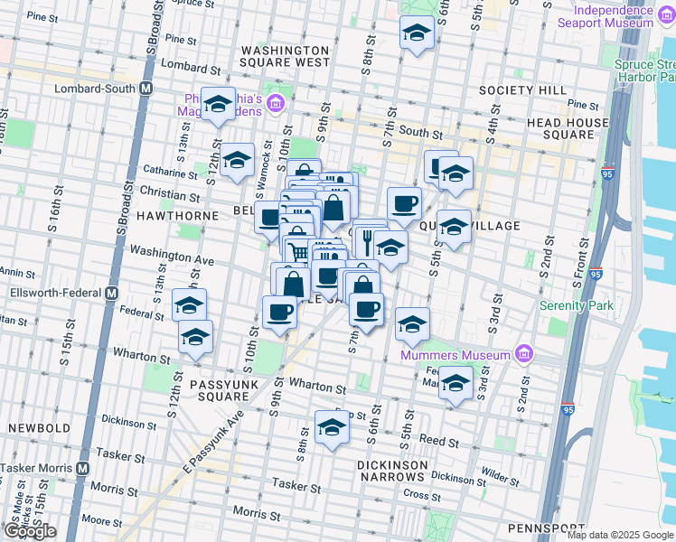 map of restaurants, bars, coffee shops, grocery stores, and more near 718 Hall Street in Philadelphia