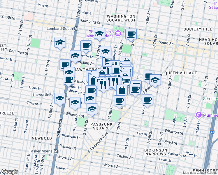 map of restaurants, bars, coffee shops, grocery stores, and more near 1001 Washington Avenue in Philadelphia