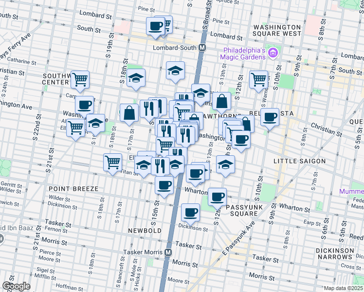 map of restaurants, bars, coffee shops, grocery stores, and more near 1100 Broad Street in Philadelphia