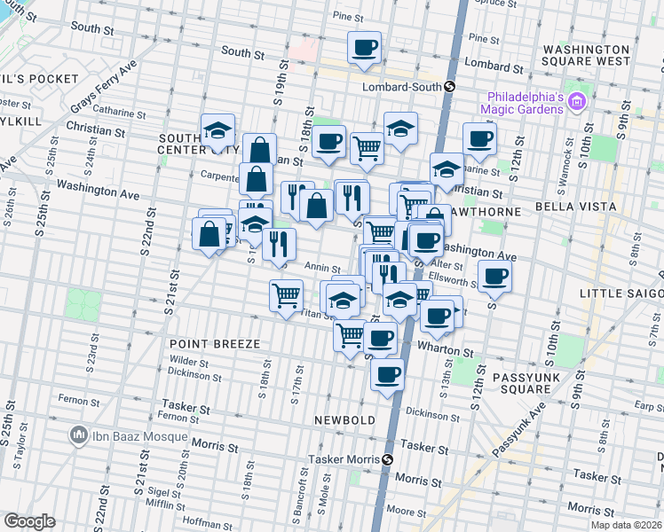 map of restaurants, bars, coffee shops, grocery stores, and more near 1625 Ellsworth Street in Philadelphia