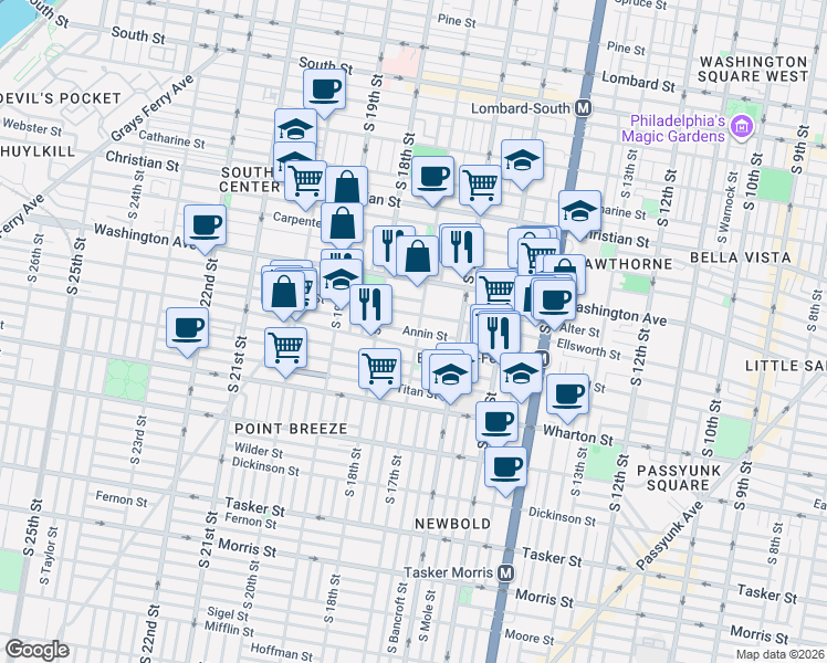 map of restaurants, bars, coffee shops, grocery stores, and more near 1730 Washington Avenue in Philadelphia