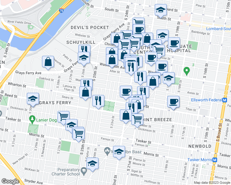 map of restaurants, bars, coffee shops, grocery stores, and more near 1233 South Bucknell Street in Philadelphia