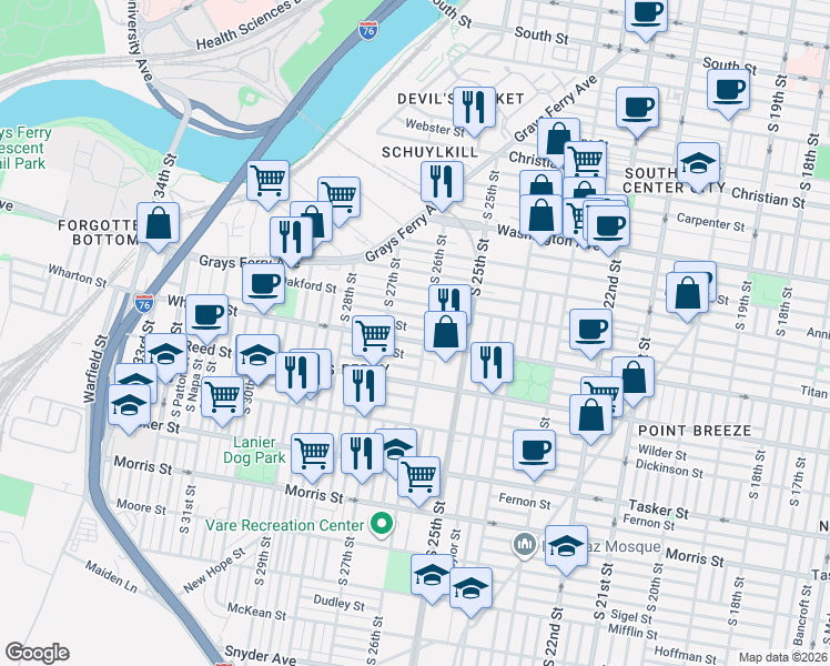 map of restaurants, bars, coffee shops, grocery stores, and more near 2609 Latona Street in Philadelphia
