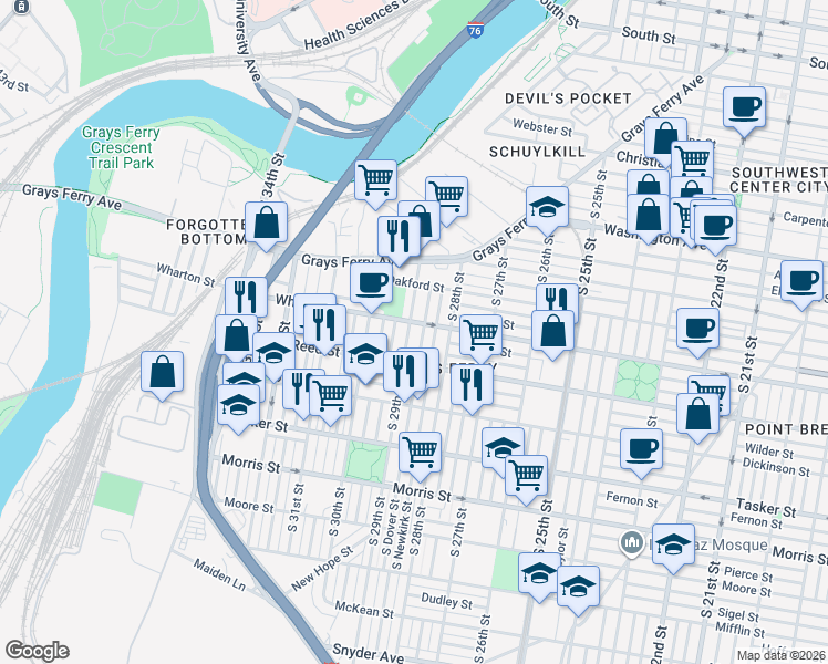 map of restaurants, bars, coffee shops, grocery stores, and more near 1267 South 29th Street in Philadelphia