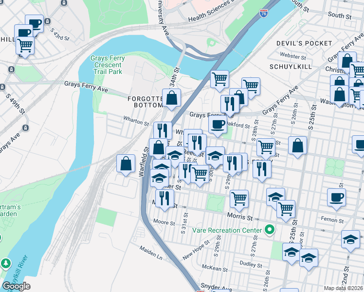 map of restaurants, bars, coffee shops, grocery stores, and more near 1309 South 32nd Street in Philadelphia