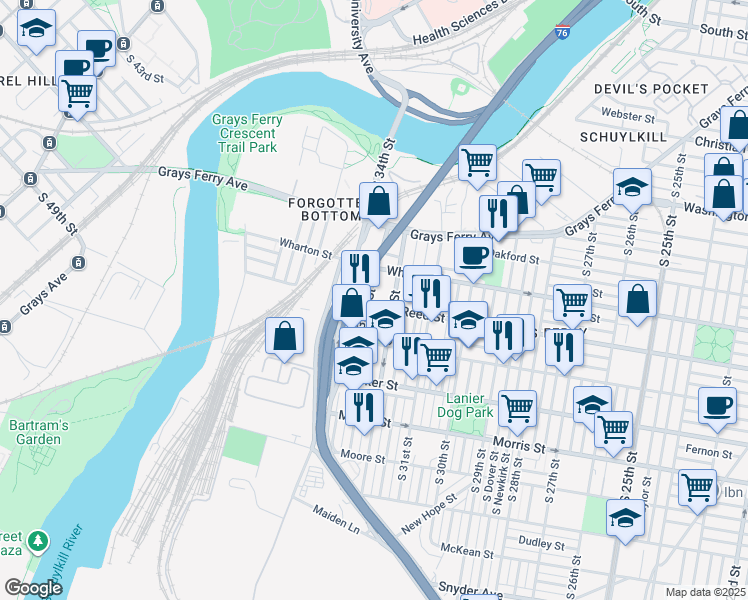 map of restaurants, bars, coffee shops, grocery stores, and more near 1322 South 33rd Street in Philadelphia