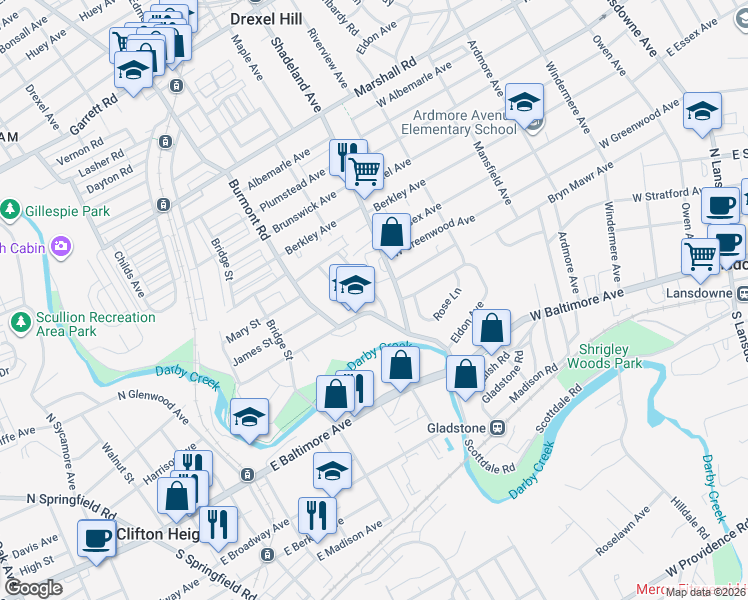 map of restaurants, bars, coffee shops, grocery stores, and more near 134 Abbey Terrace in Drexel Hill