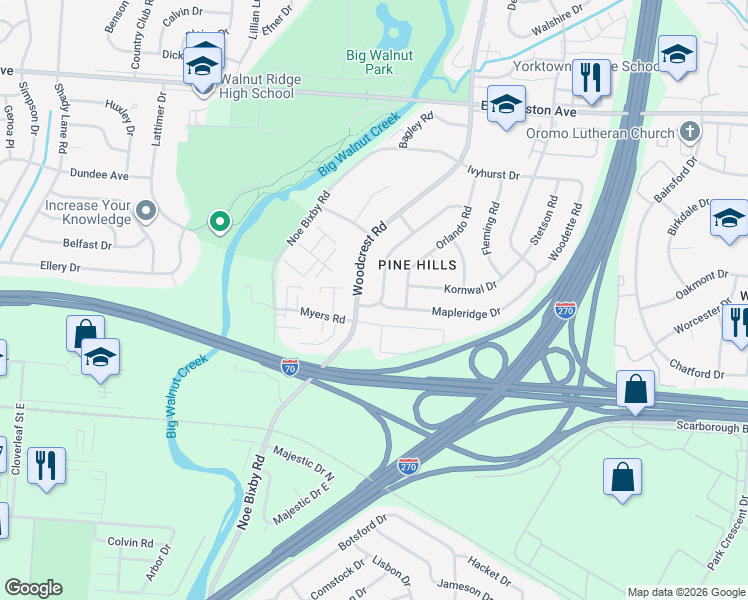 map of restaurants, bars, coffee shops, grocery stores, and more near 1924 Woodcrest Road in Columbus