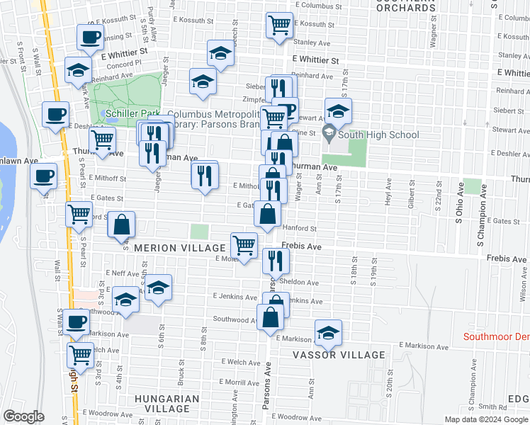 map of restaurants, bars, coffee shops, grocery stores, and more near 414 East Gates Street in Columbus