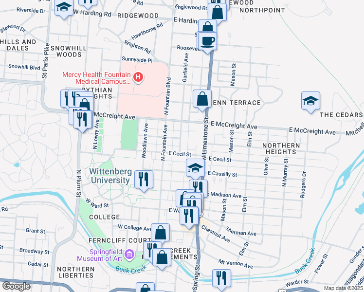 map of restaurants, bars, coffee shops, grocery stores, and more near 1101 Garfield Avenue in Springfield