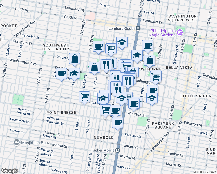 map of restaurants, bars, coffee shops, grocery stores, and more near 1137 South Mole Street in Philadelphia