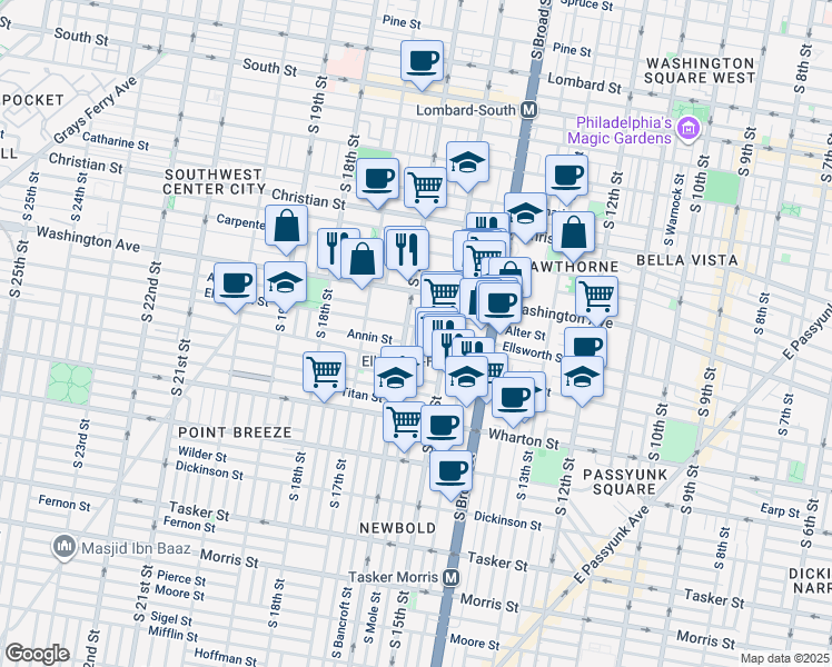 map of restaurants, bars, coffee shops, grocery stores, and more near 1518 Alter Street in Philadelphia