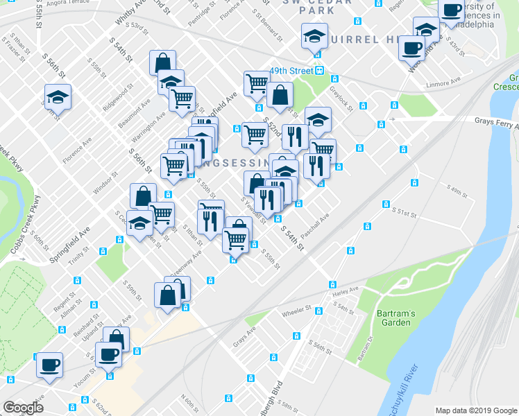 map of restaurants, bars, coffee shops, grocery stores, and more near 1714 South 54th Street in Philadelphia