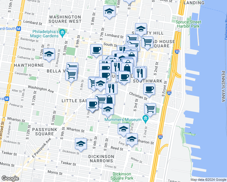 map of restaurants, bars, coffee shops, grocery stores, and more near 914 South 5th Street in Philadelphia