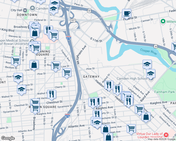 map of restaurants, bars, coffee shops, grocery stores, and more near 1053 Pine Street in Camden