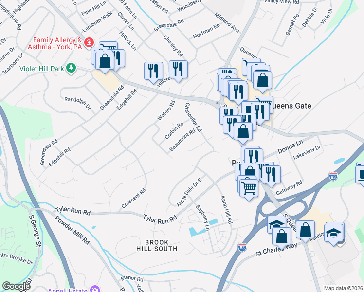 map of restaurants, bars, coffee shops, grocery stores, and more near 412 Beaumont Road in York