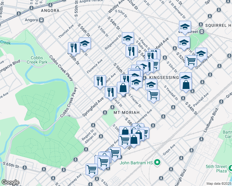 map of restaurants, bars, coffee shops, grocery stores, and more near 1811 South 57th Street in Philadelphia