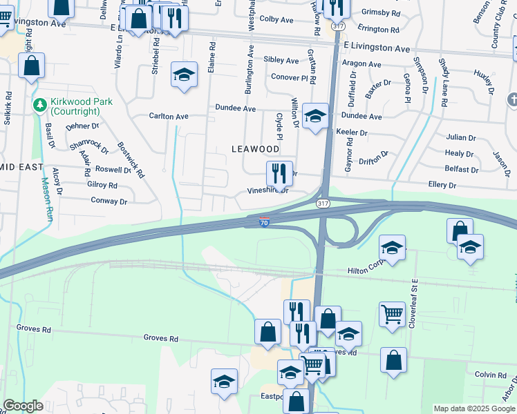 map of restaurants, bars, coffee shops, grocery stores, and more near 4179 Vineshire Drive in Columbus