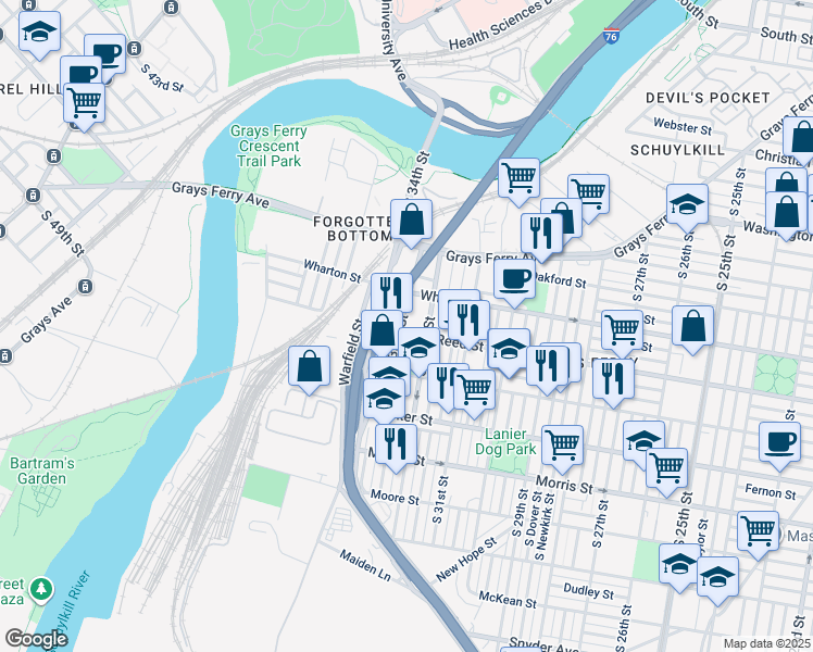map of restaurants, bars, coffee shops, grocery stores, and more near 1322 South 33rd Street in Philadelphia
